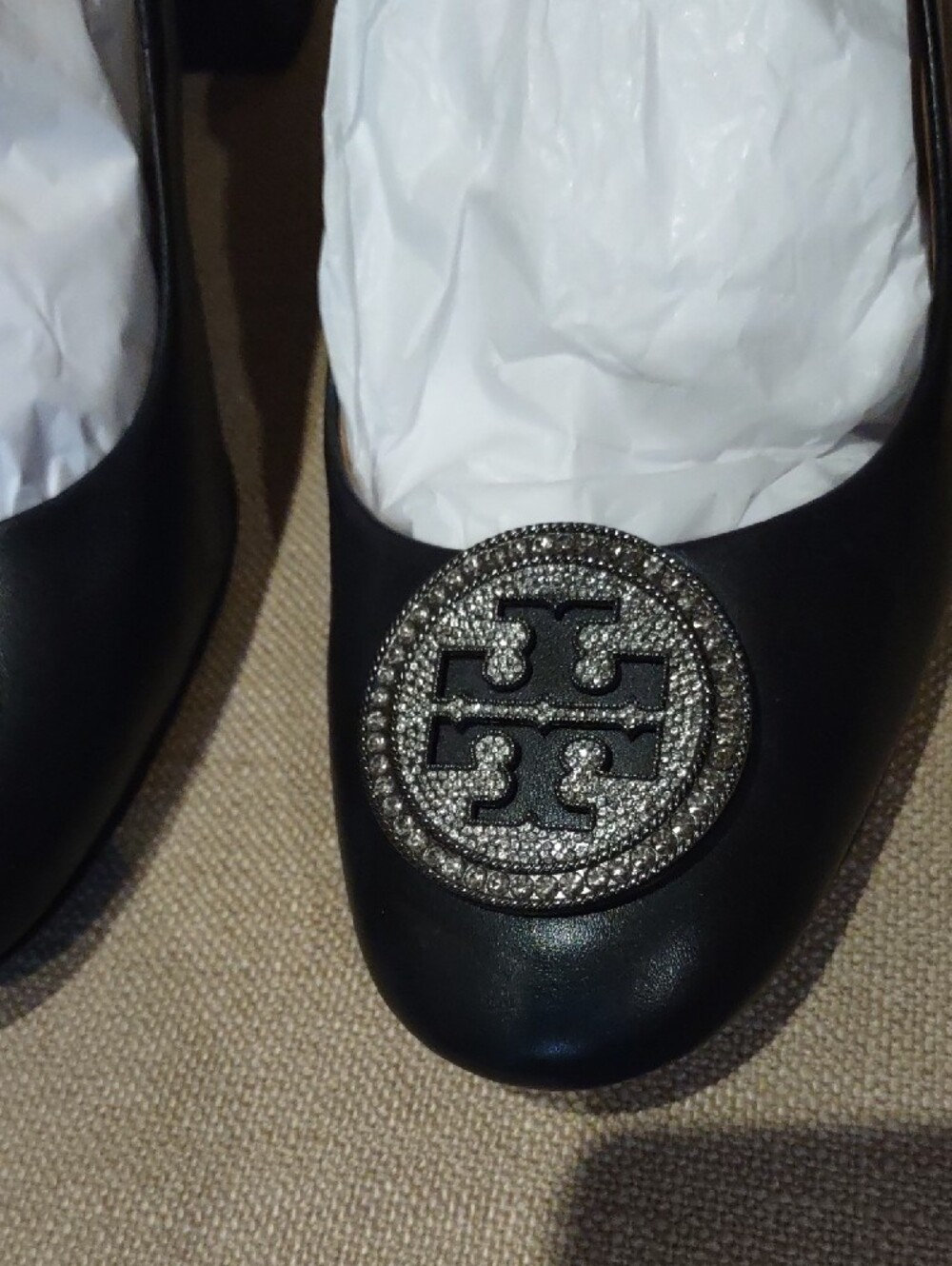Tory Burch Black Leather Chunky Heel with Crystal Logo Medallion - Picture 2 of 15